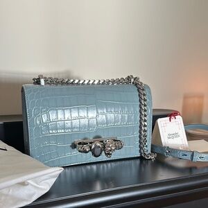 Alexander McQueen Blue Croc-Embossed Shoulder Bag